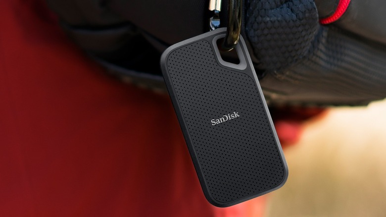 SanDisk Extreme Go Portable SSD attached to a carabiner