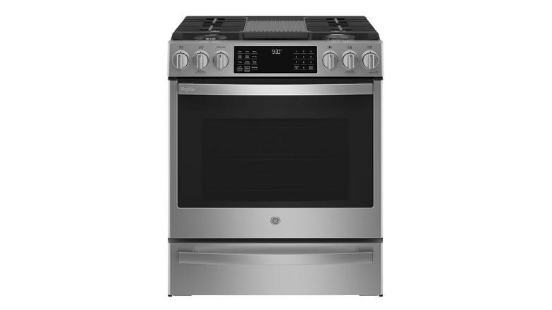 The GE Profile 30" 5.6 cu. ft. GAS Slide-in Range with No Preheat Air Fry, WiFi on a white background.