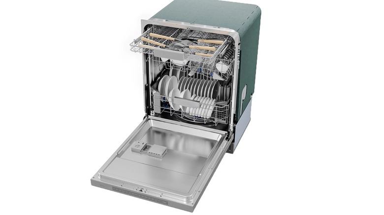 Dishes loaded into the Midea Smart 45-decibel Top Control 24-in Built-In Dishwasher.