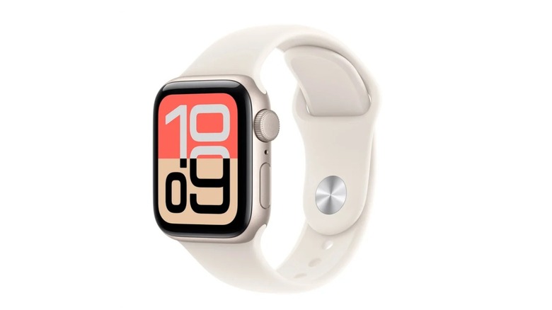The Apple Watch SE 3 showing the time, on a white background.