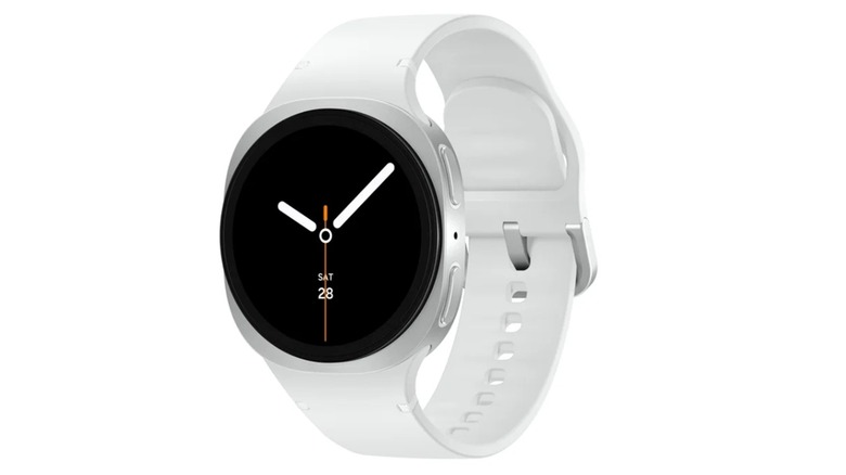 The Samsung Galaxy Watch 8 showing the time, on a white background.