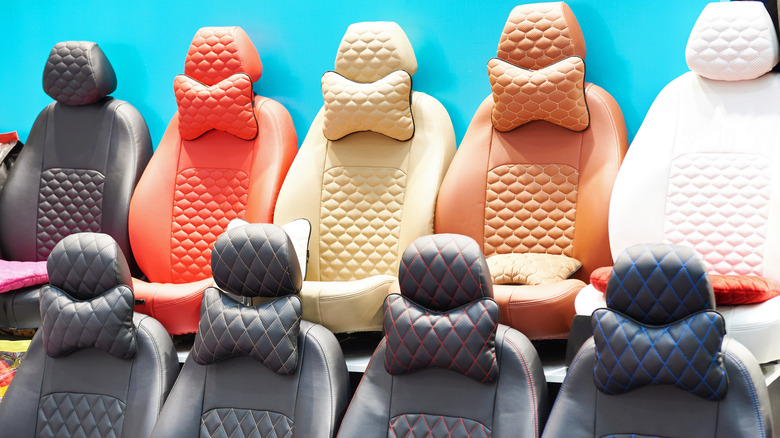 Two rows of car seat covers in different colors