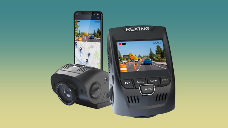 Rexing V1-4K dash cam against a gradient background