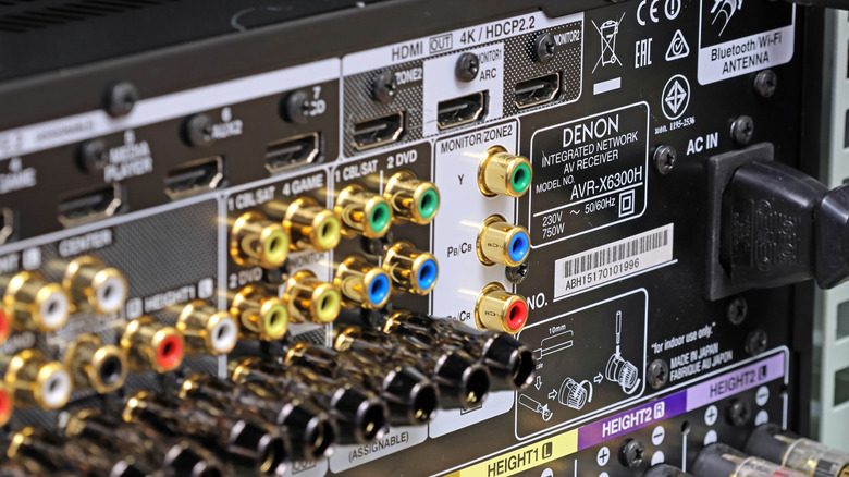 The rear-facing inputs and outputs of a Denon AV Receiver.