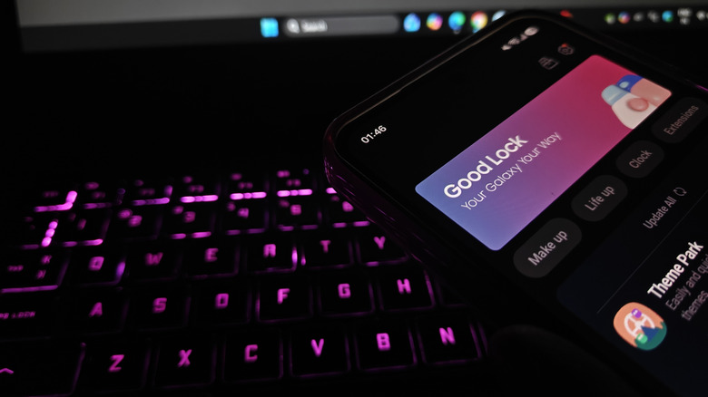 Samsung phone on a keyboard with the Good Lock app opened