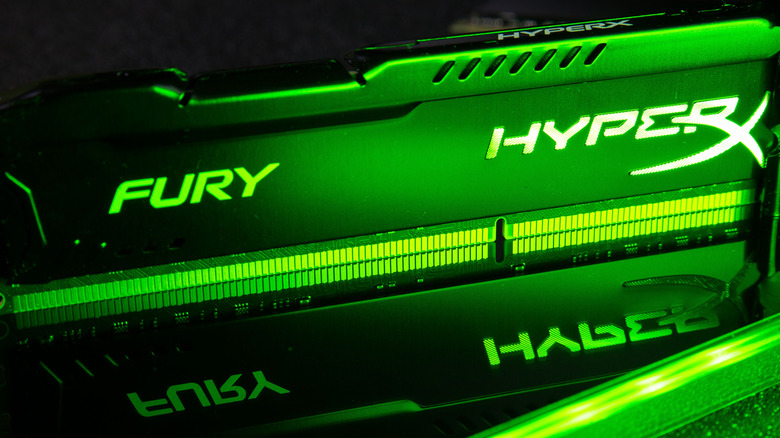 Close-up of HyperX Fury RAM with green RGB lighting