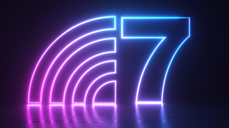 Neon Wi-Fi 7 logo on a black background showing the new standard design.