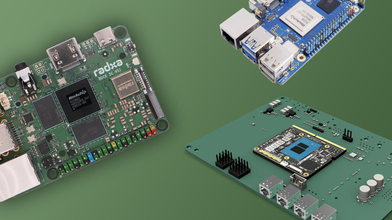 Orange Pi, Radxa board and LattePanda board on green background