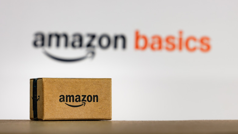 An Amazon box with the Amazon Basics logo in the background