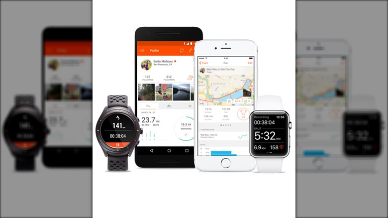 Strava app displayed across smartphones and smartwatches