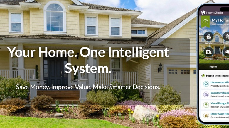 Screenshot of HomeZada app against promotional background featuring nice attractive house