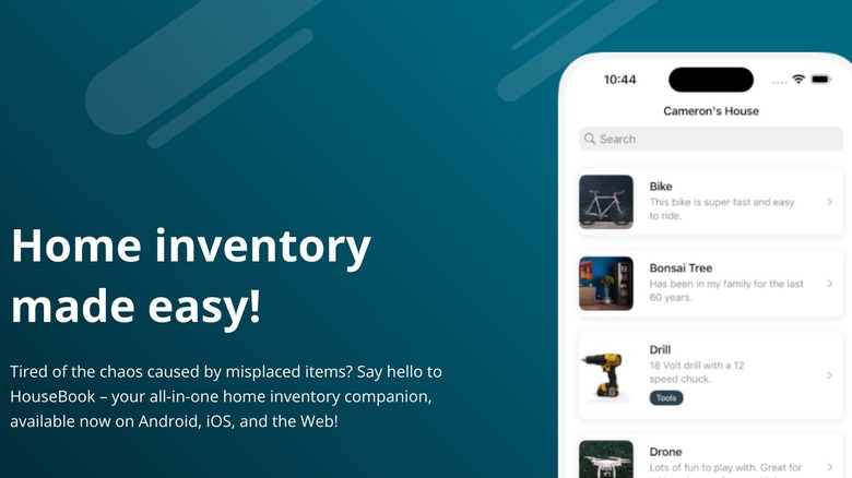 Screenshot of HouseBook app against promotional background