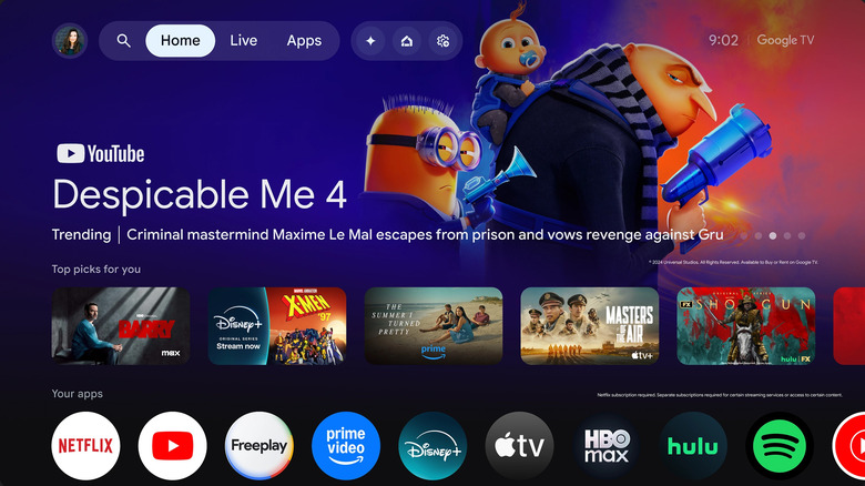 The Google TV homescreen