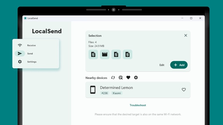 LocalSend app's interface with transfer options highlighted
