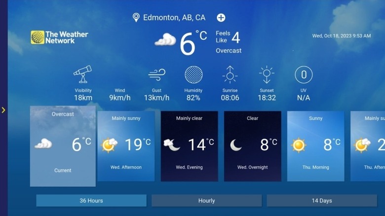 A screenshot showing The Weather Network app on a Samsung TV