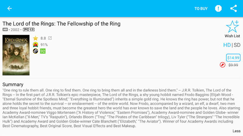 A screenshot showing The Lord of the Rings listing in CheapCharts app