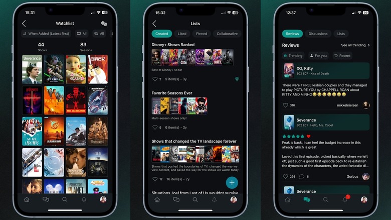 A series of screenshots showing features of the Serializd app