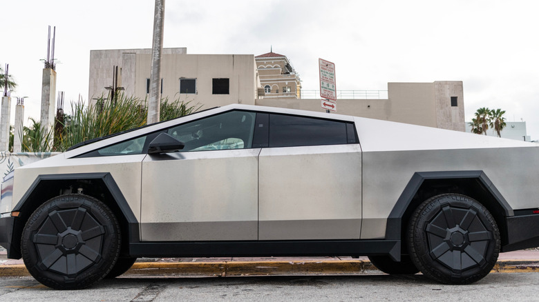 A Tesla Cybertruck viewed from the side