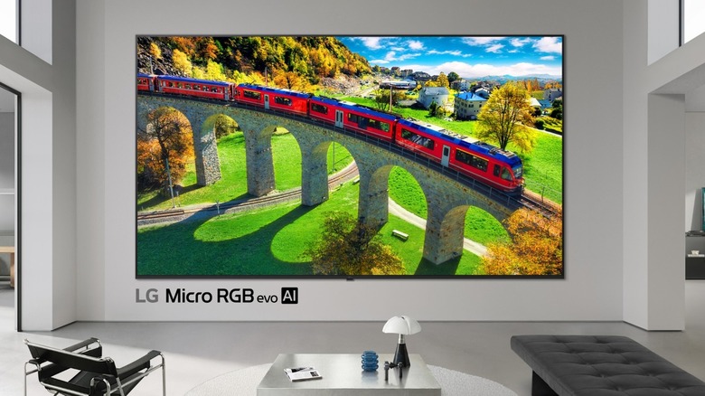 LG Micro RGB evo mounted to a wall in a living room setup