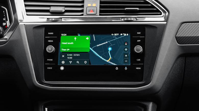 Google Maps running on Android Auto on a car's infotainment system.