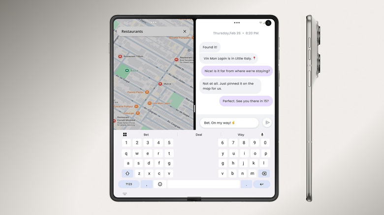 Motorola Razr Fold shown open with split-screen maps and messaging