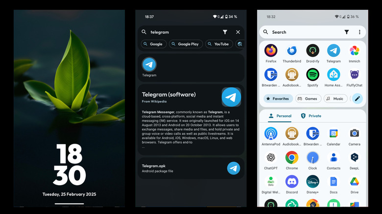 Kvaesitso launcher showing a minimalist home screen, powerful search interface, and organized app list.
