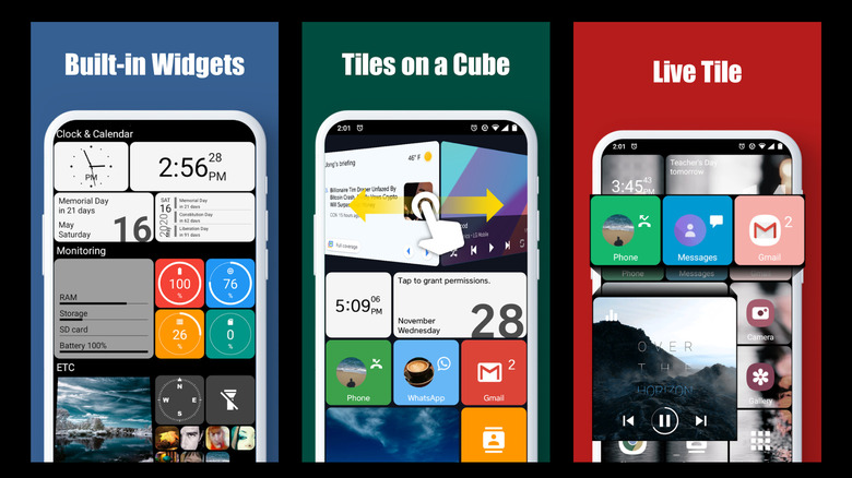 Square Home launcher interface showing live tiles, built-in widgets, and customizable tile layouts