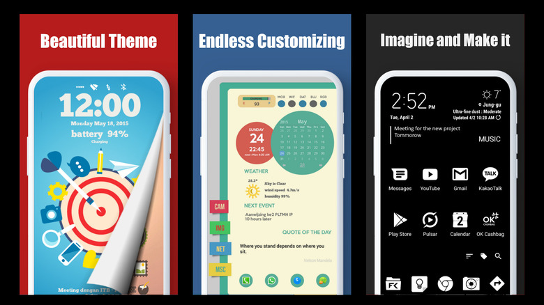 Total Launcher interface showcasing customizable themes, widgets, and a custom home screen layout
