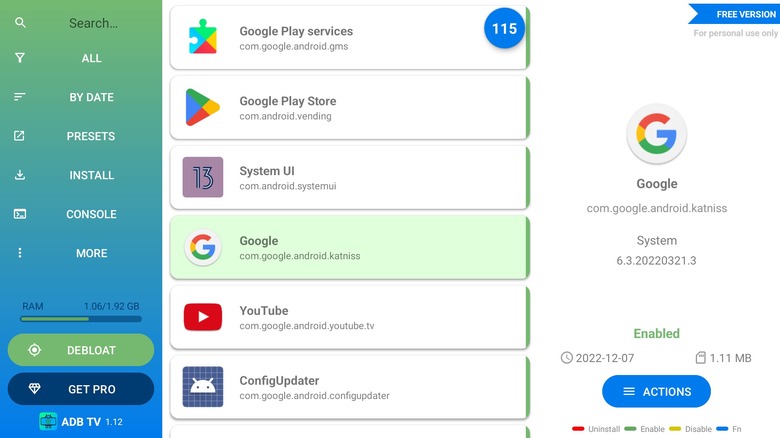Screenshot of ADB TV: App Manager with Google icon