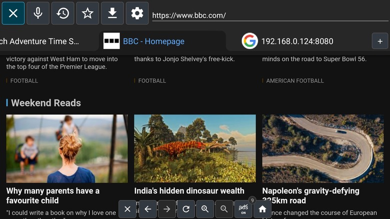 Screenshot of TV Bro Internet Browser displaying the BBC website