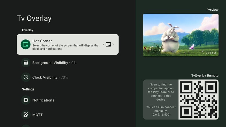 Screenshot of TvOverlay display settings and QR code