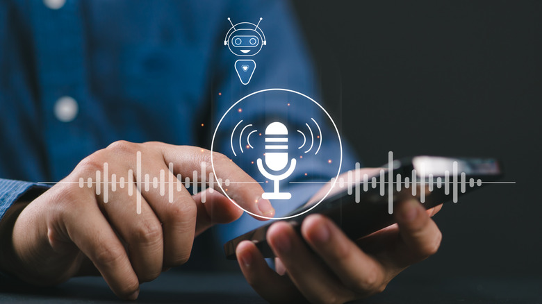 A pair of hands, one holding a smartphone while the other is ready to tap something on the screen, a digital image of a microphone and sound waves are superimposed over the image