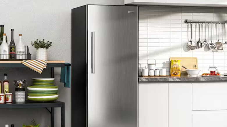 An silver, upright Vissani freezer stands up besides a kitchen counter besides some plates and appliances.