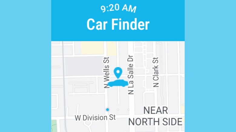 Hyundai Bluelink car finder screen displaying a blue car icon on a map