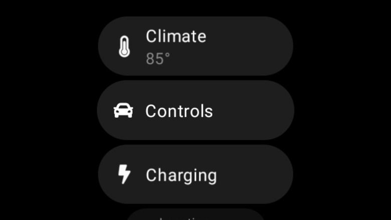 Close-Up of Android smartwatch screen display menu featuring climate, controls, and charging options