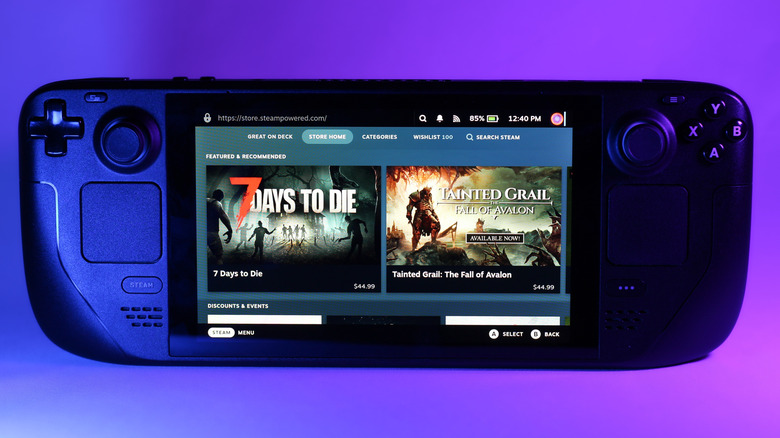 Steam Deck displaying Steam Store on purple background