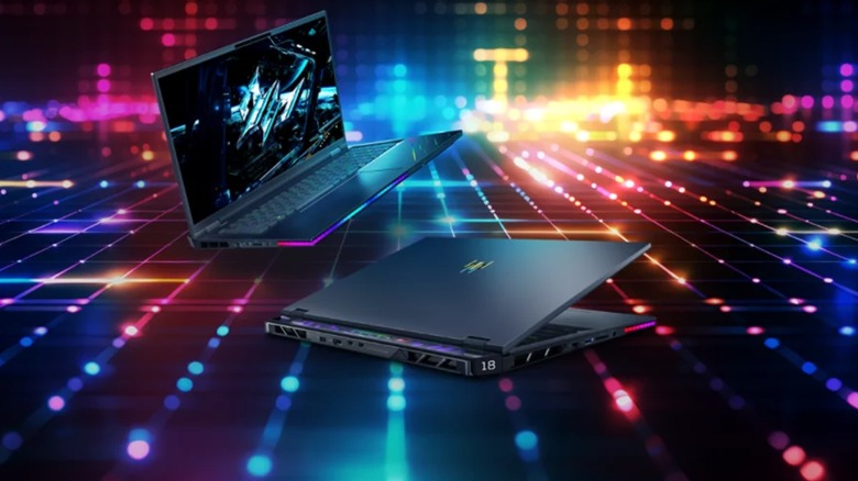 Two Acer Predator Helios 18 AI laptops in front of colorful lights background