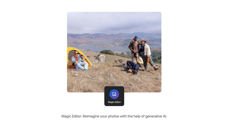 screenshot of magic editor on Google Photos in action moving a man sitting in front of a tent