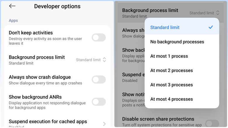 Screenshots showing how to tweak background process limit in Android developer options