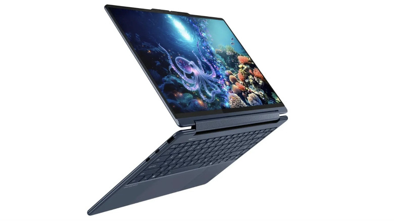 Lenovo Yoga 9i Gen 10 Aura Edition flipped beyond the hinge in 2-in-1 mode.