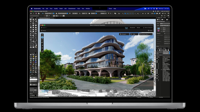16-inch MacBook Pro with M5 Pro chip showing architectural 3D rendering and design software.
