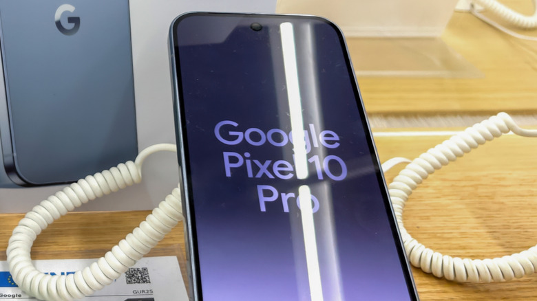 The Pixel 10 Pro smartphone on display in a store
