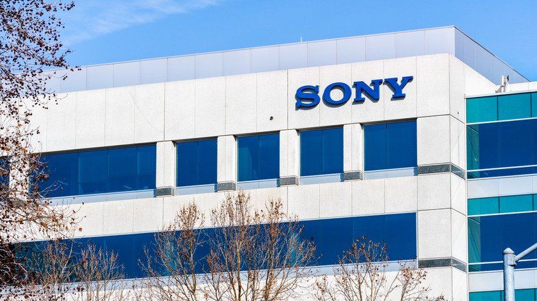 sony logo in blue lettering on the side of a building