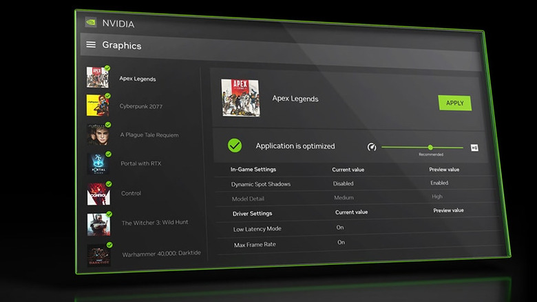 Rendering of Nvidia App Graphics section showing games list