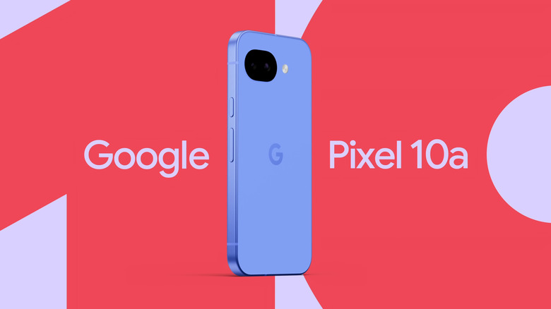 Blue Google Pixel 10a shown against a red and purple promotional background.