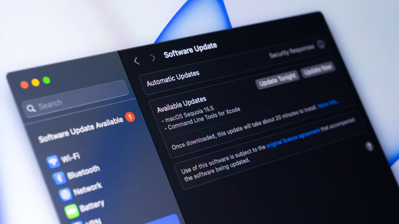 MacOS software update page in System Settings showing a pending update