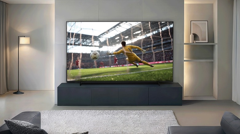 Samsung's M80H Mini-LED TV on a media center in a living room