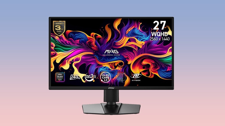 The MSI MAG 272QP QD-OLED X24 against a gradient background