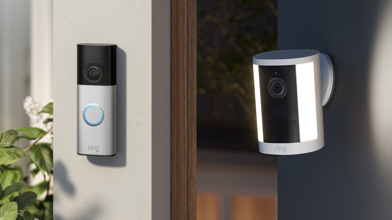 A collage showing Ring Battery Doorbell Plus (2nd Gen) and Spotlight Cam (2nd Gen) mounted on a wall
