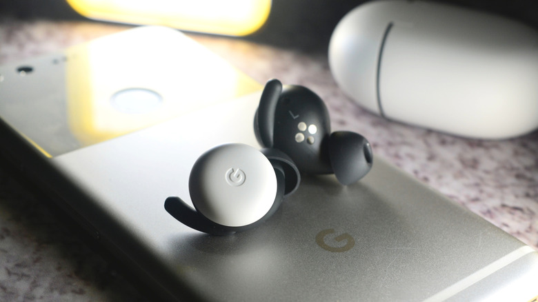 close-up pixel buds earbuds on a google smartphone